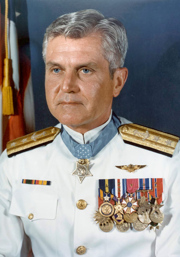 Formal portrait of Rear Adm. James B. Stockdale in full dress white uniform. U.S. Navy photo (RELEASED)